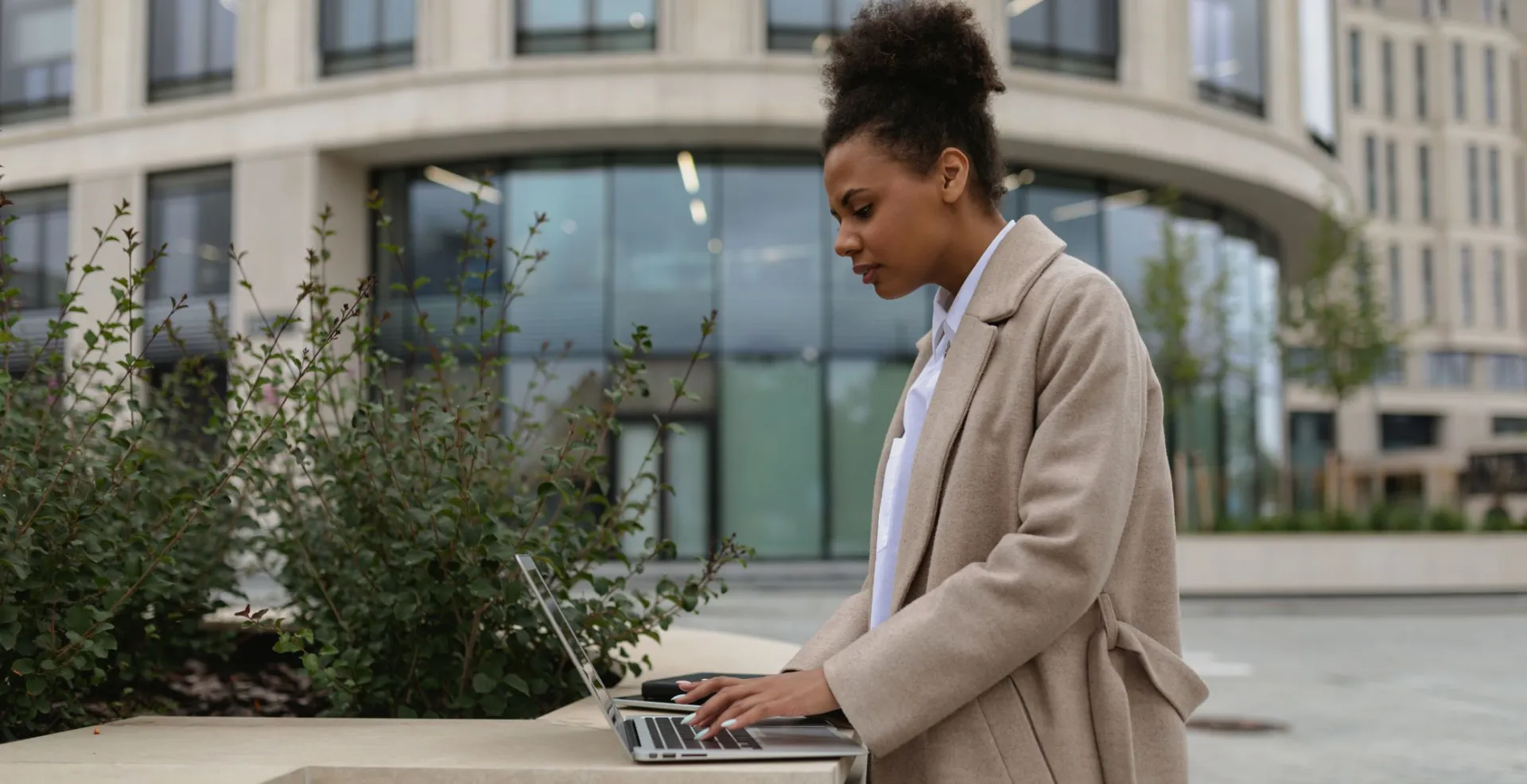 person cloud services hispanic young female administrator working remotely laptop street