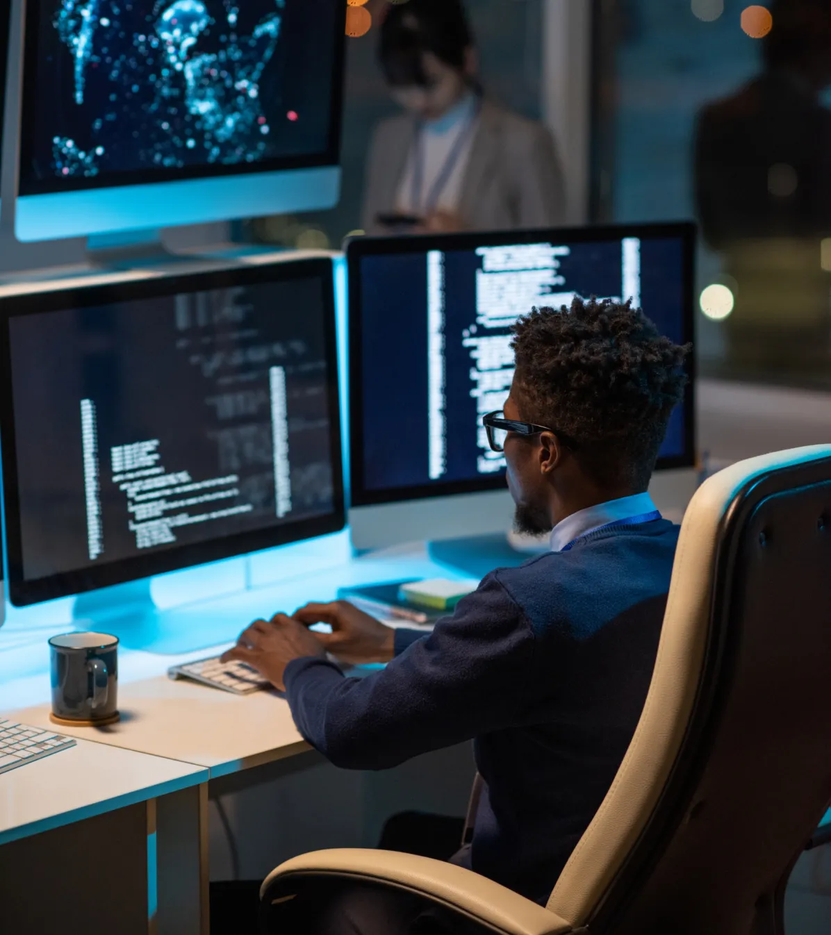 people tokenization young african developer sitting armchair by desk
