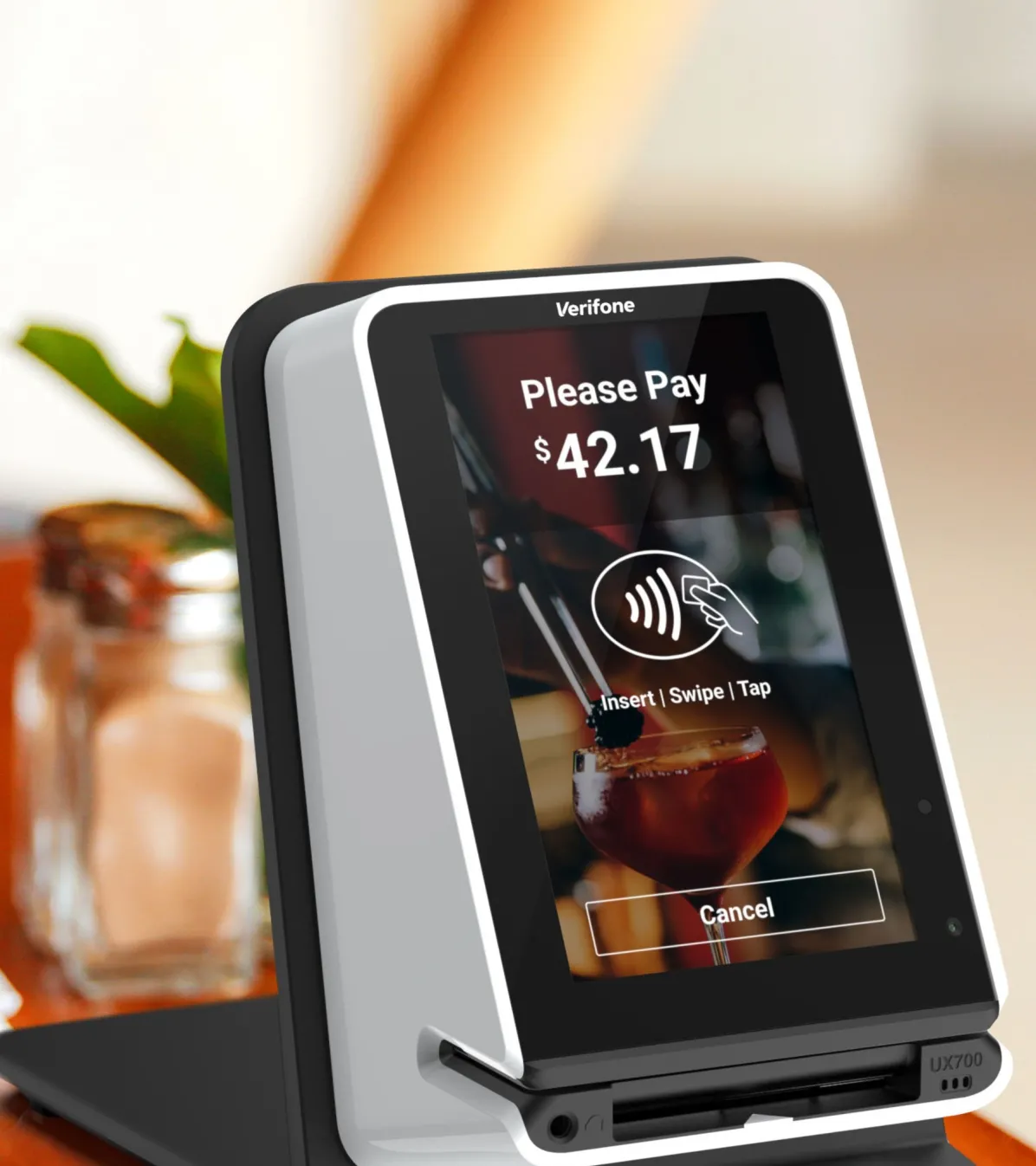 Verifone UX700 on an outdoor dining table