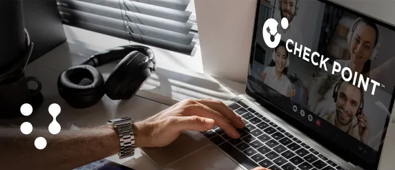 man using laptop with Check Point company logo on screen